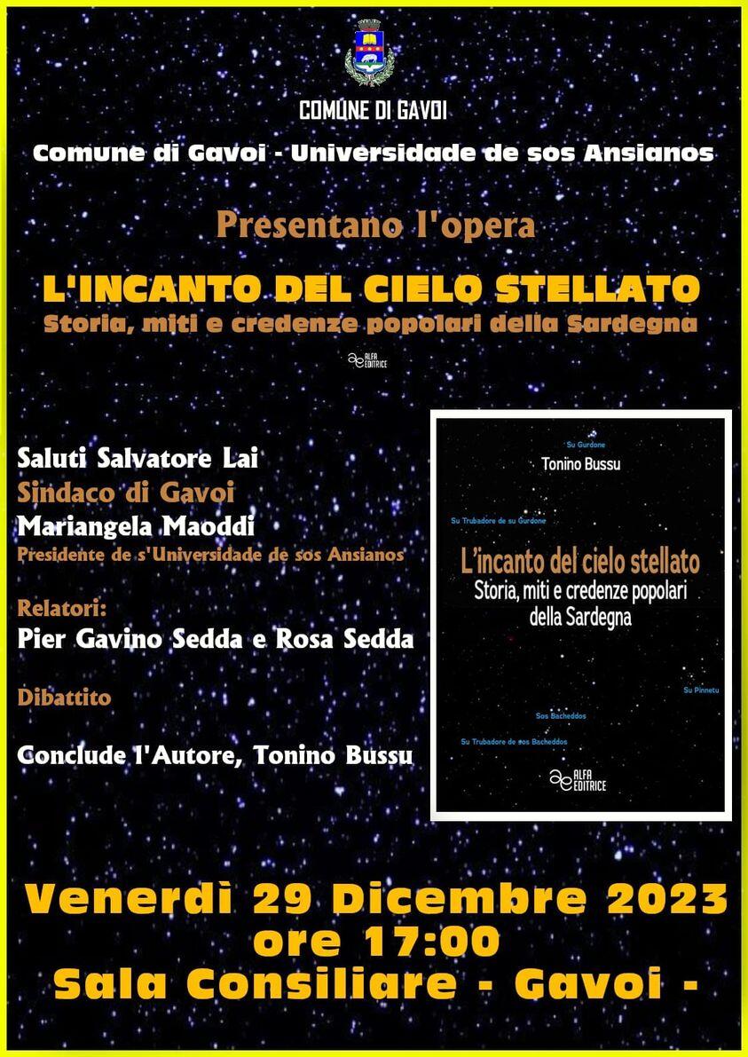 Locandina presentazione libro "L'INCANTO del CIELO STELLATO" (Storia, miti e credenze popolari della Sardegna), a Gavoia ''L'incanto del cielo stellato'' a Gavoi