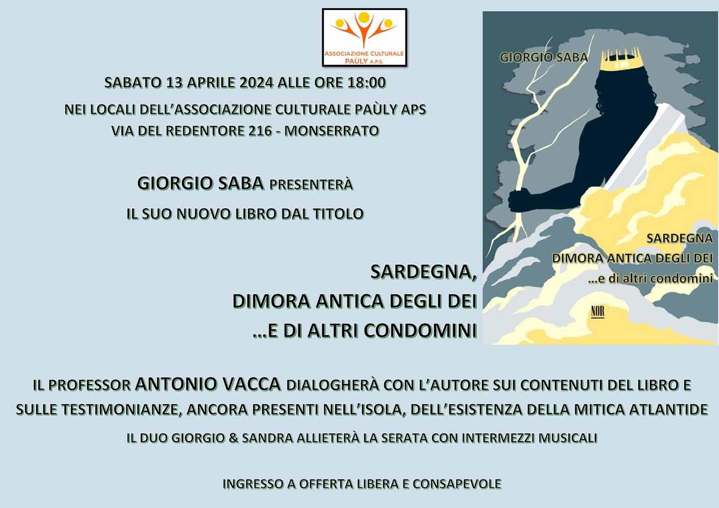 Locandina ''Sardegna dimora antica...'' presentazione libro G. Saba a Monserrato