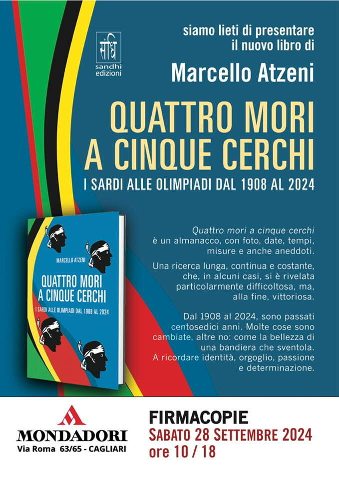 Locandina libro ''Quattro Mori a Cinque Cerchi'' di Marcello Atzeni